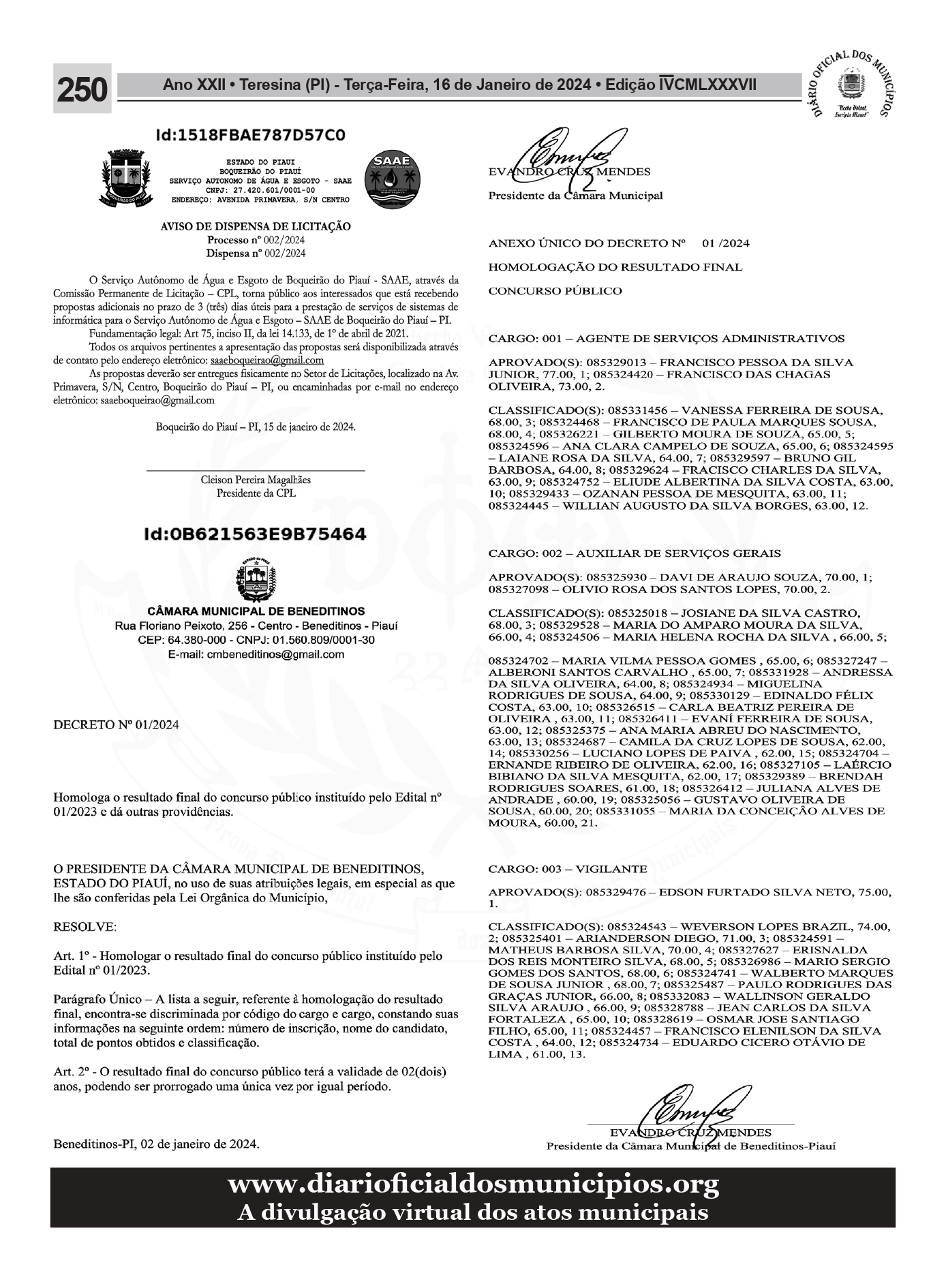 DECRETO Nº 01/2024 - Homologa o resultado final do concurso público instituído pelo Edital nº 01/2023 e dá outras providências. 