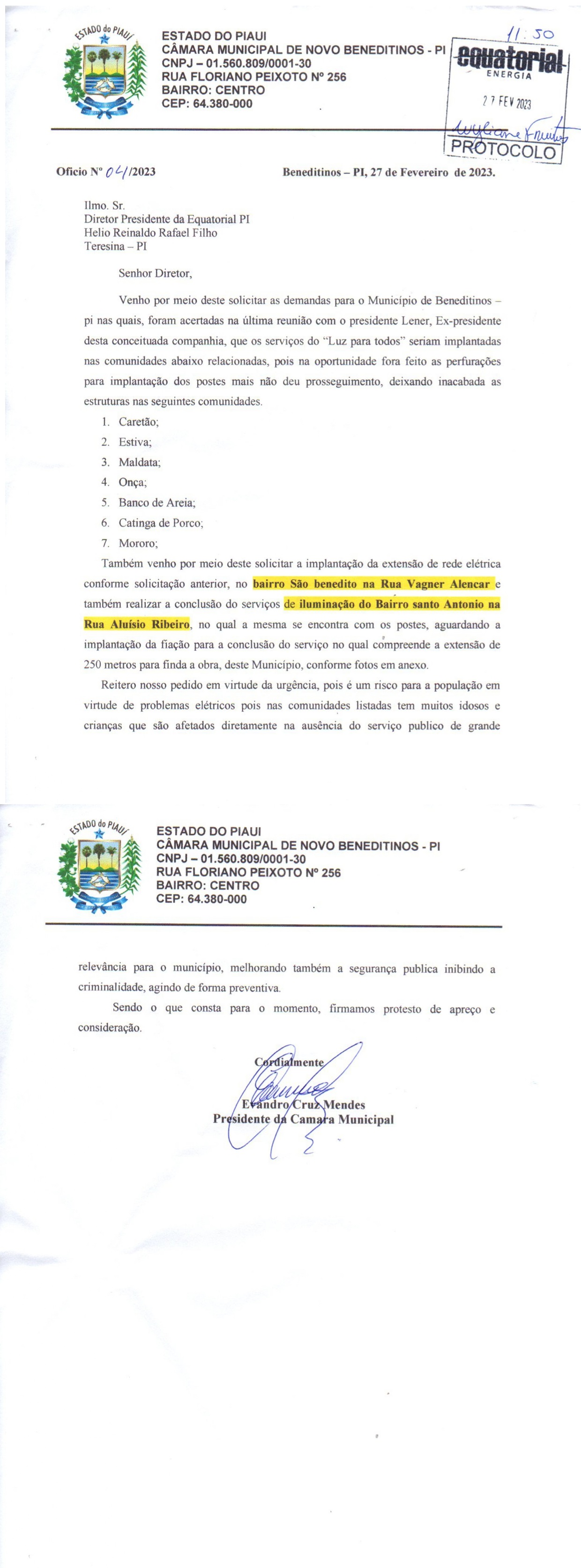 Solicitação e reivindicação junto a Equatorial Energia: diversas demandas em prol da melhoria da qualidade de vida de nossa população.