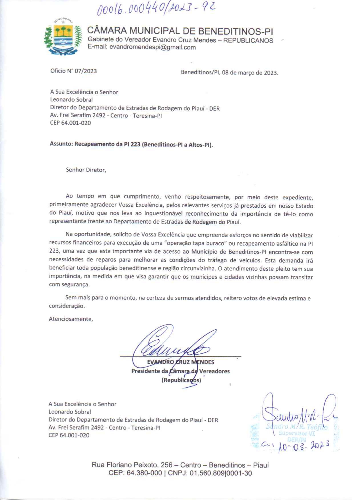 Solicitação junto a DER (Departamento de Estradas e Rodagem do Píaui), "operação tapa buraco" ou recapeamento asfáltico na PI 223.